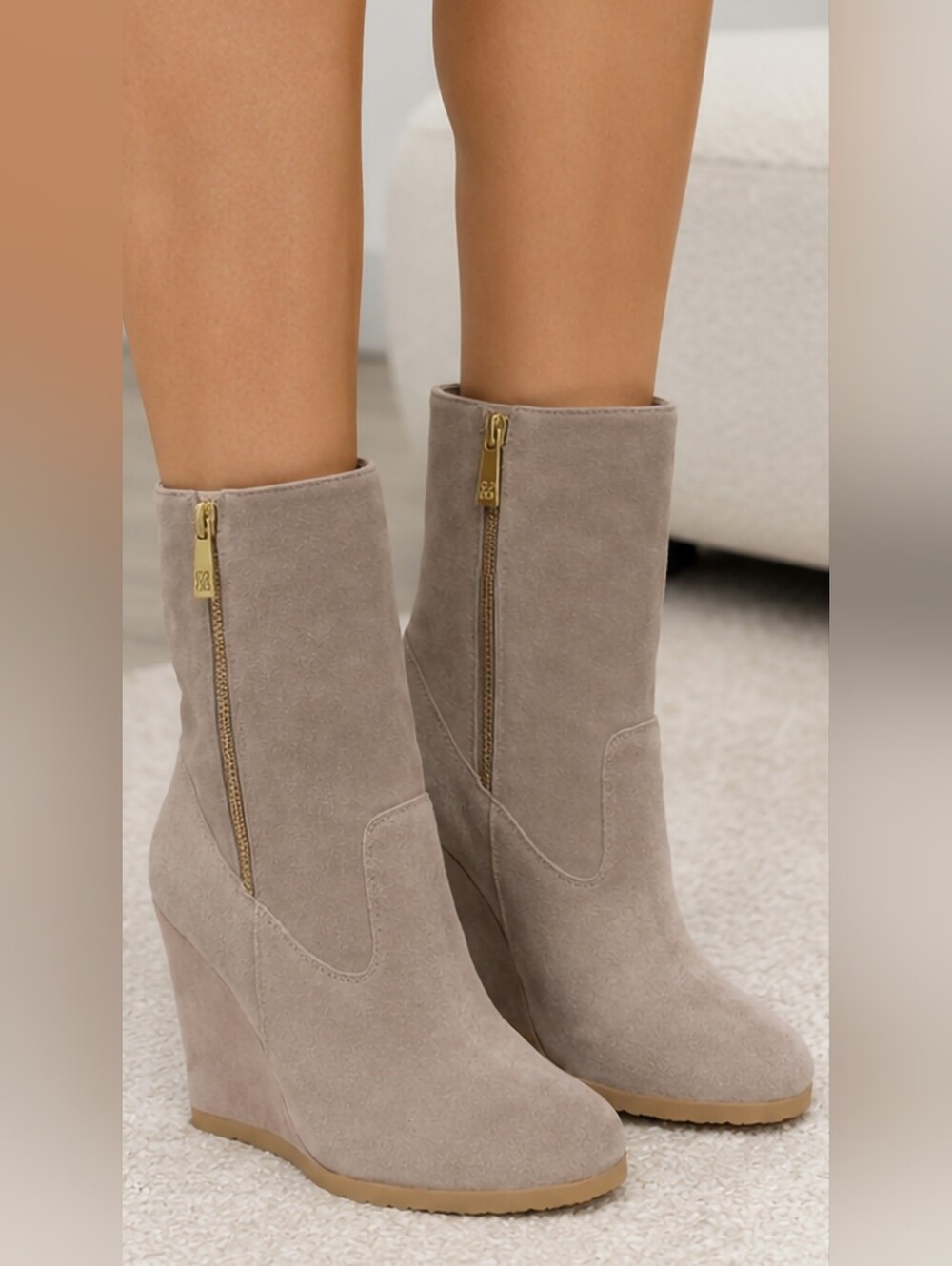 Coach Danee Taupe Suede Shearling Wedge Ankle Boots with Side Zip 10 - Picture 5 of 16